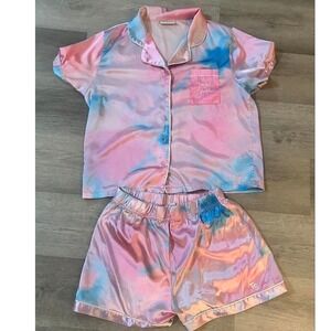 Taylor Swift Pajamas M 2-Piece Set Womens Pink Blue Lover Tie Dye Satin Silky
